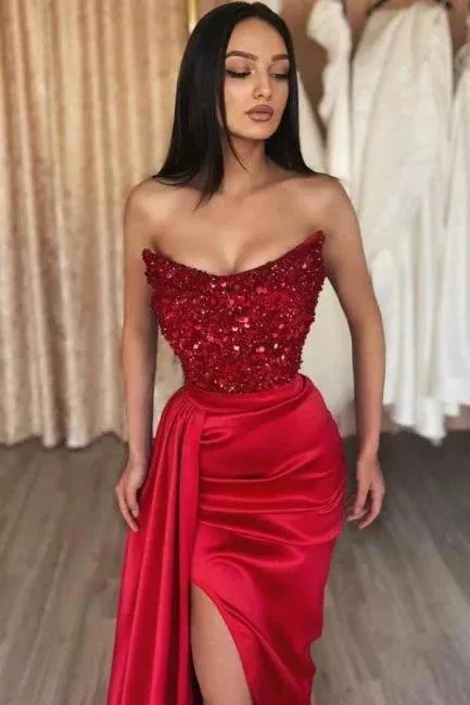 Beautiful Long Red Sequined Mermaid Satin Strapless Prom Dress with Slit - Image 2