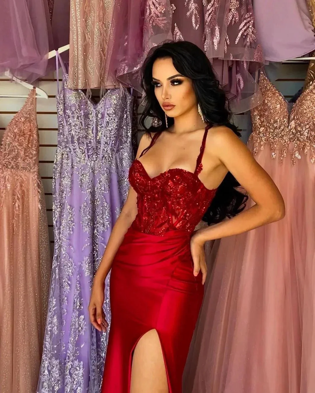 Beautiful Long Red Spaghetti Straps Sequined Lace Sleeveless Prom Dress With Slit - Image 3