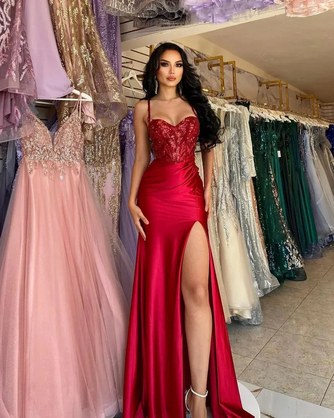 Beautiful Long Red Spaghetti Straps Sequined Lace Sleeveless Prom Dress With Slit - Image 4