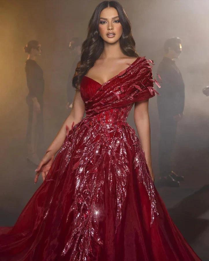 Beautiful Long Red Sweetheart A-line Prom Dress With Feather - Image 2