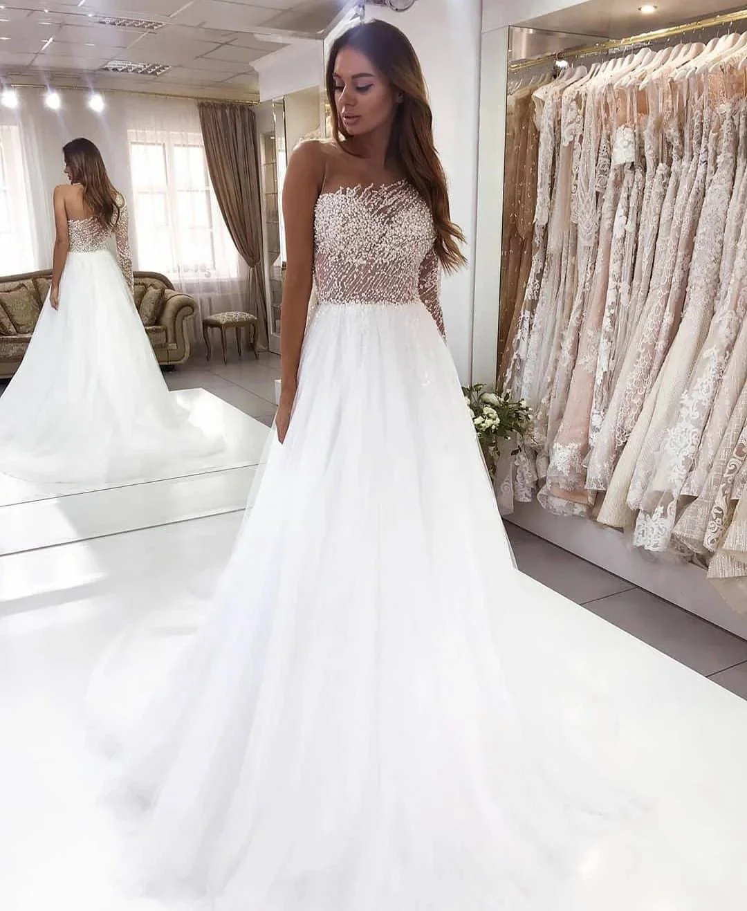 Beautiful Long Sleeve A-Line Bateau Pearl Lace Wedding Dress - Image 2