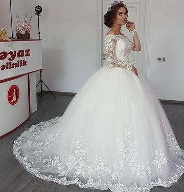 Beautiful Long Sleeve Off the Shoulder Appliques Lace Princess Wedding Dress - Image 2