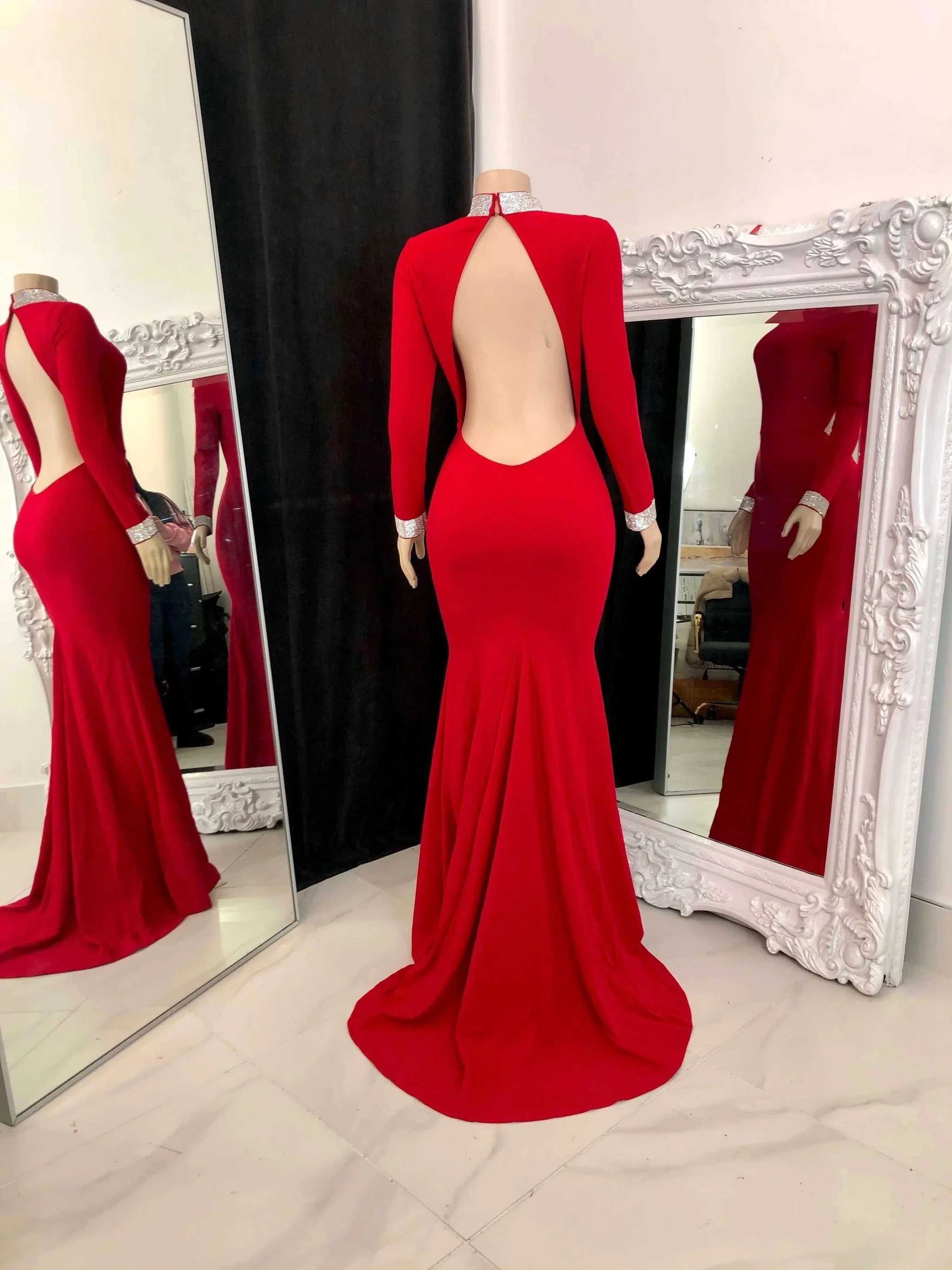 Beautiful Long Sleeves Backless High Neck Mermaid Prom Dress - Image 2