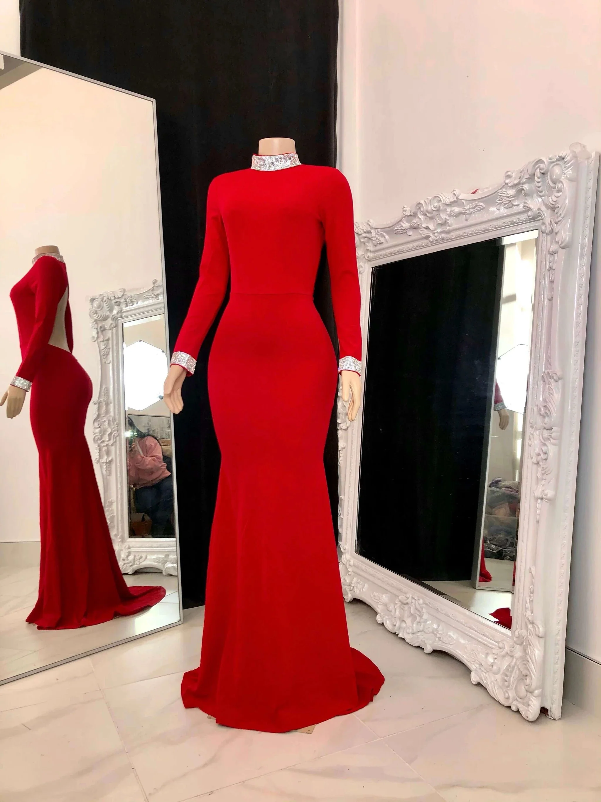 Beautiful Long Sleeves Backless High Neck Mermaid Prom Dress - Image 3