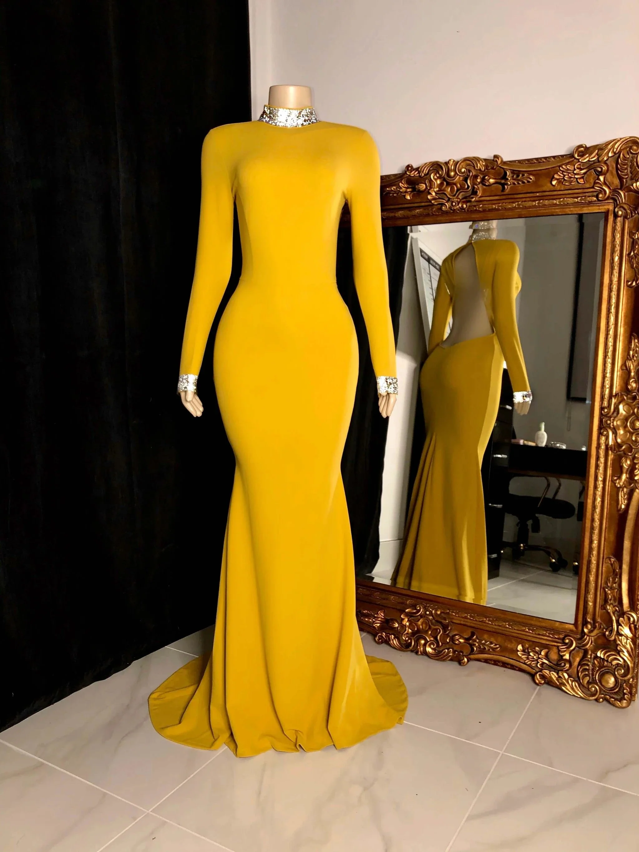 Beautiful Long Sleeves Backless High Neck Mermaid Prom Dress - Image 4