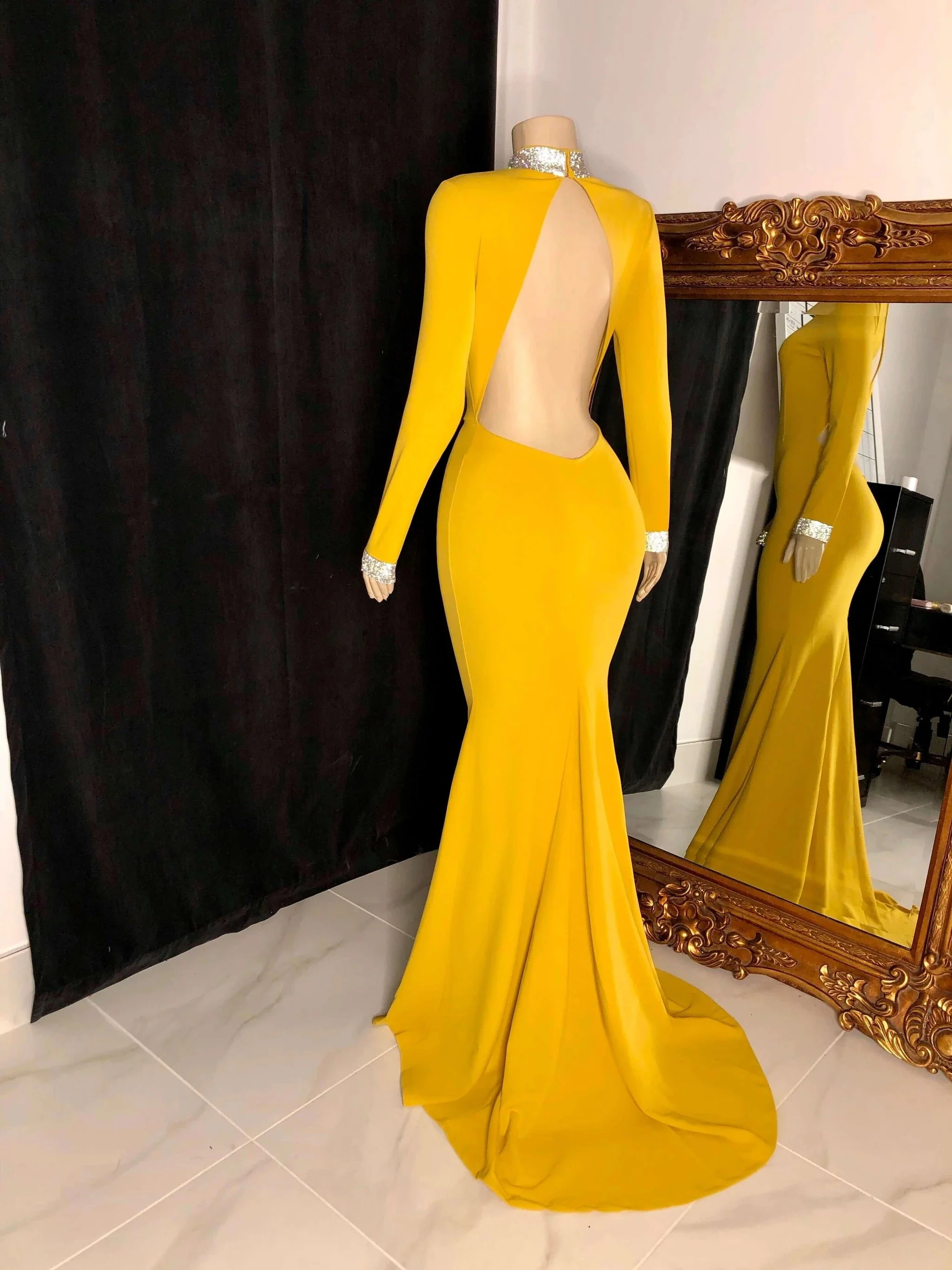 Beautiful Long Sleeves Backless High Neck Mermaid Prom Dress - Image 5