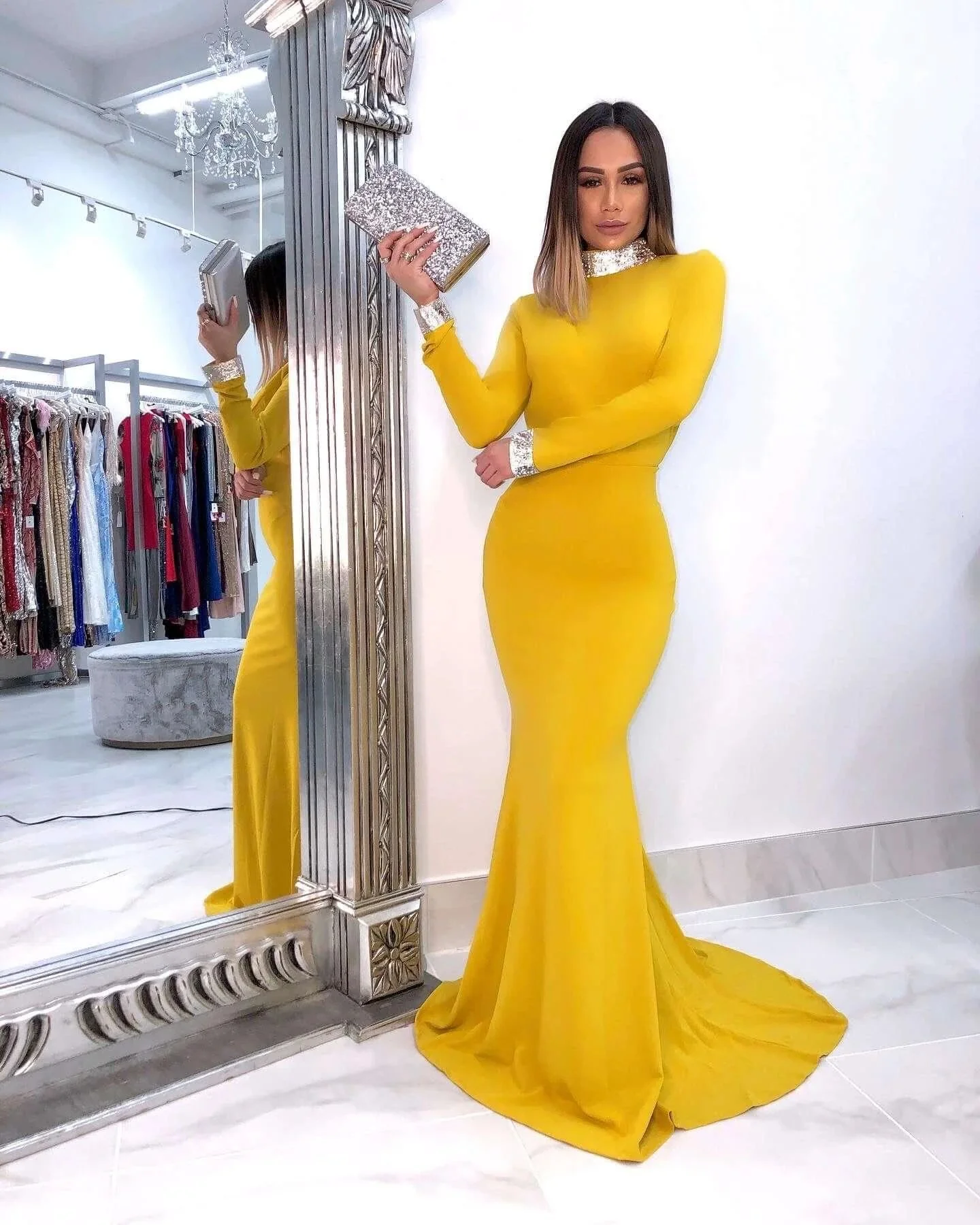 Beautiful Long Sleeves Backless High Neck Mermaid Prom Dress - Image 6