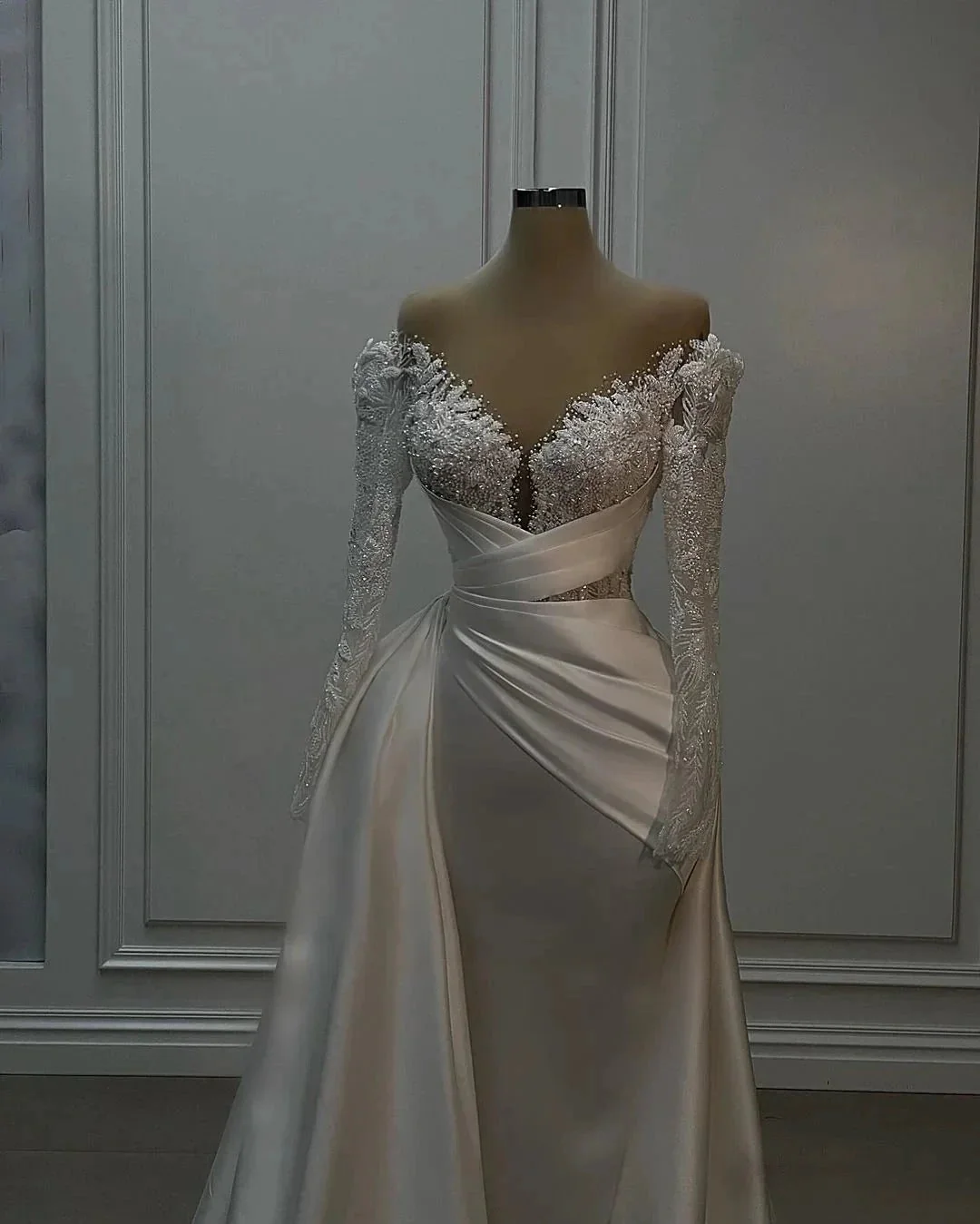 Beautiful Long White A-line Lace Satin Wedding Dress With Long Sleeves - Image 2