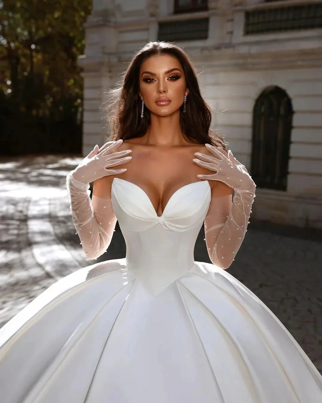 Beautiful Long White A-line Satin Sleeveless Ball Gown Wedding Dress - Image 2