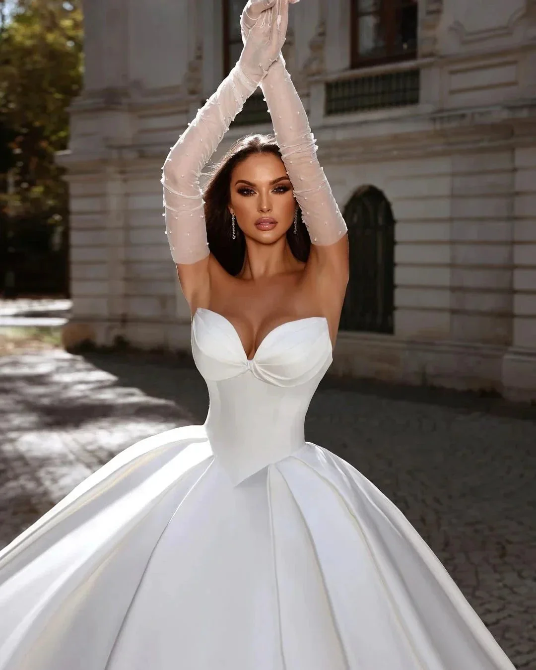 Beautiful Long White A-line Satin Sleeveless Ball Gown Wedding Dress - Image 3