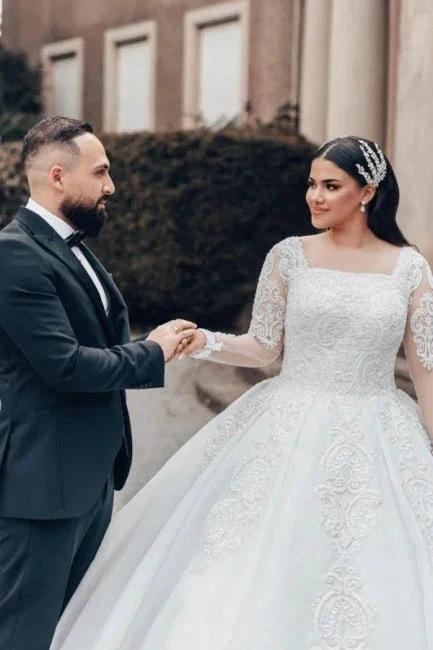 Beautiful Long White A-line Square Neck Lace Wedding Dress with Long Sleeves - Image 2