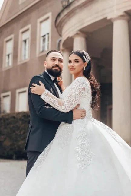 Beautiful Long White A-line Square Neck Lace Wedding Dress with Long Sleeves - Image 3