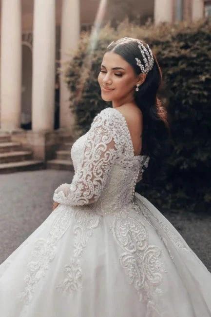 Beautiful Long White A-line Square Neck Lace Wedding Dress with Long Sleeves - Image 4
