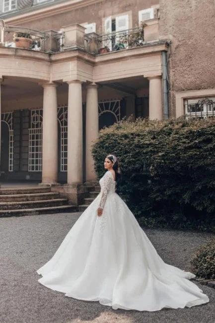 Beautiful Long White A-line Square Neck Lace Wedding Dress with Long Sleeves - Image 7
