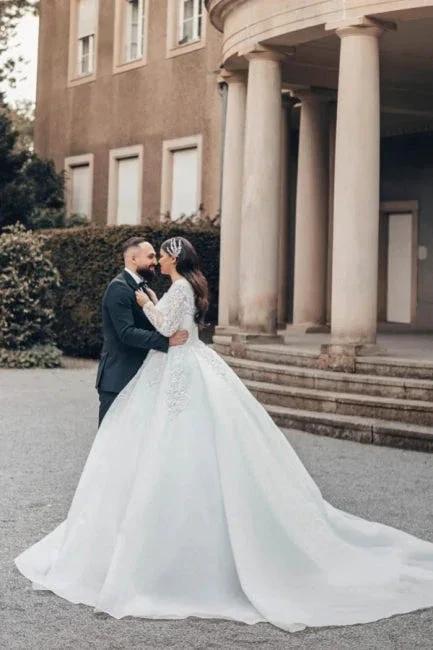 Beautiful Long White A-line Square Neck Lace Wedding Dress with Long Sleeves - Image 8