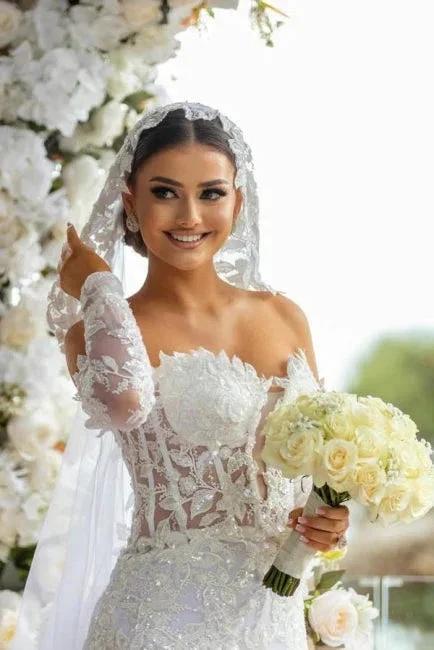 Beautiful Long White Mermaid Off-the-shoulder Lace Glitter Wedding Dress with Long Sleeves - Image 3