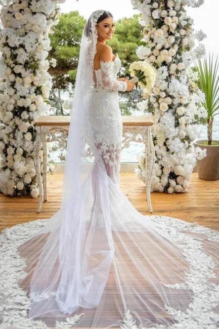 Beautiful Long White Mermaid Off-the-shoulder Lace Glitter Wedding Dress with Long Sleeves - Image 4