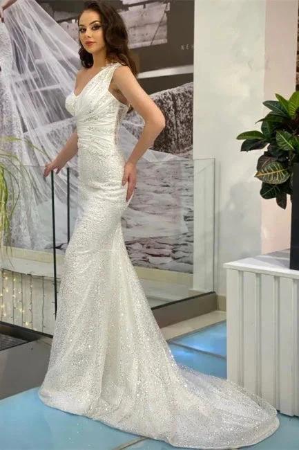 Beautiful Long White One Shoulder Sleeveless Mermaid Evening Dresses With Glitter - Image 2