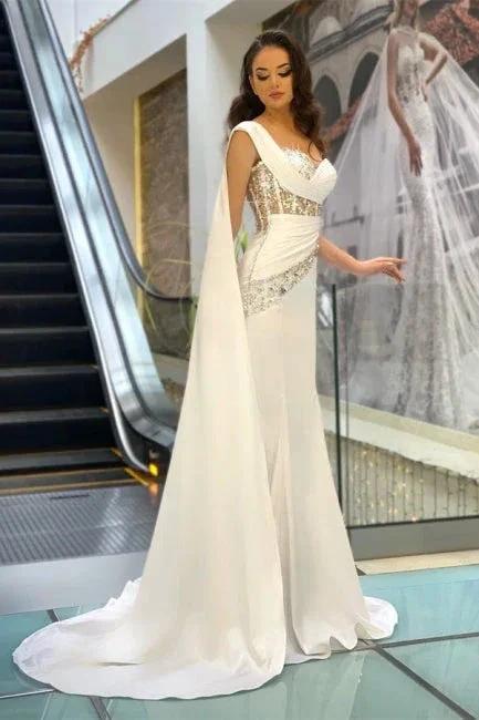 Beautiful Long White One Shoulder Sleeveless Mermaid Evening Dresses With Glitter - Image 2