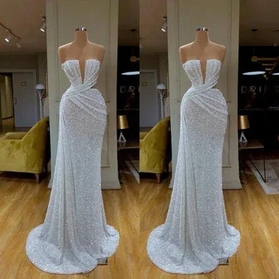 Beautiful Long White V-neck Sleeveless Sequined Mermaid Prom Dress - Image 2