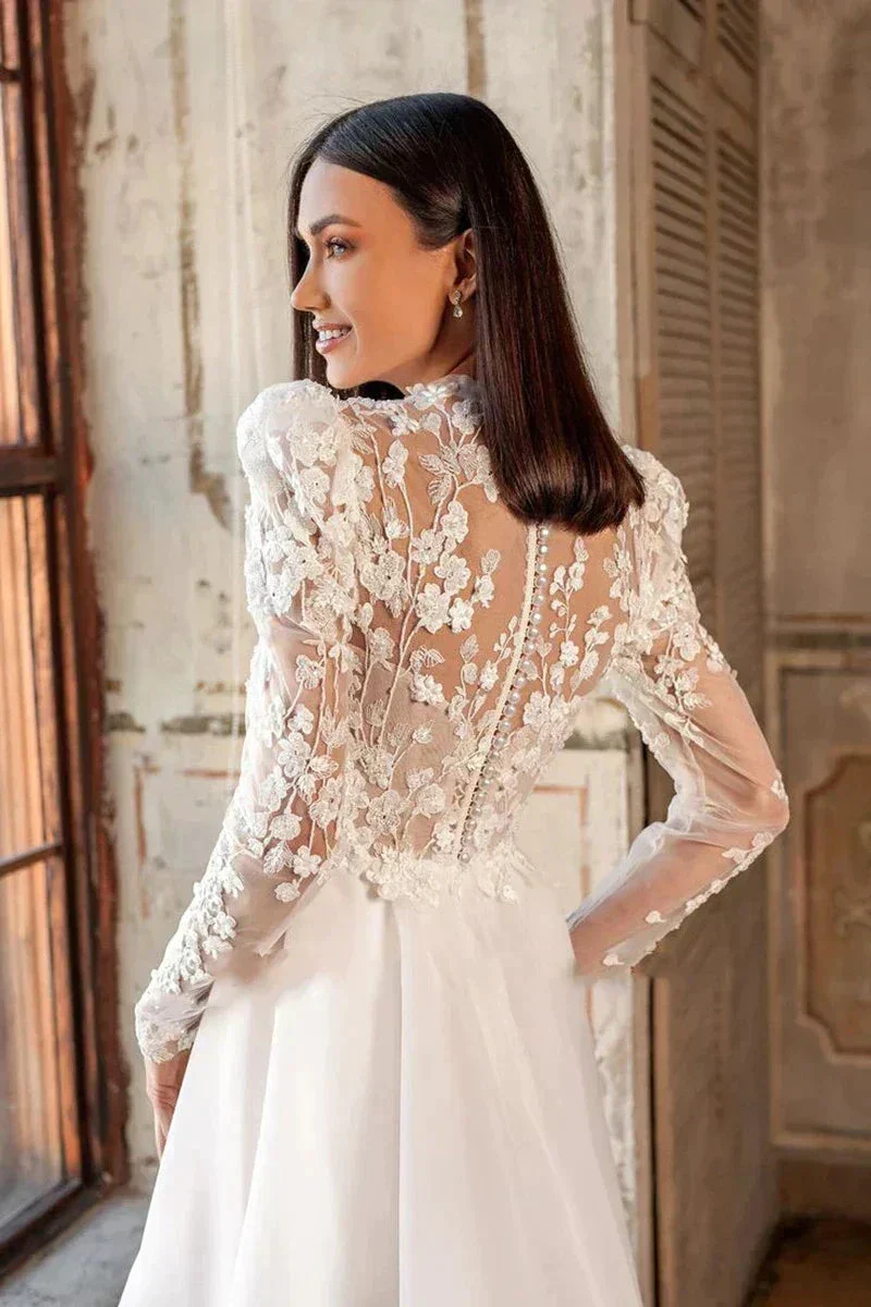 Beautiful Luxury Bohemian High Fork Wedding Dresses A-Line High Neck Lace Tulle Beach Bridal Gown Long Sleeves Sweep Train New - Image 3