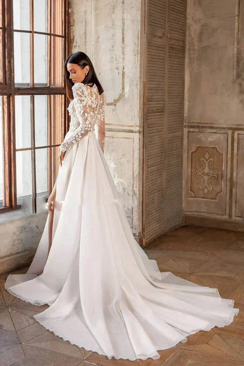 Beautiful Luxury Bohemian High Fork Wedding Dresses A-Line High Neck Lace Tulle Beach Bridal Gown Long Sleeves Sweep Train New - Image 4