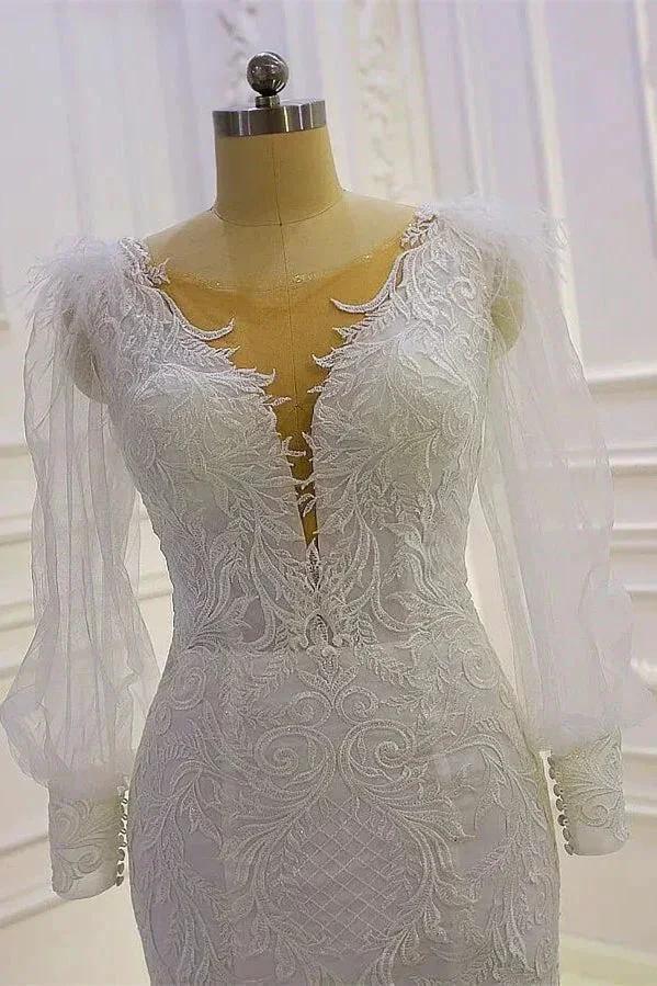 Beautiful Mermaid Long Sleeves Lace Appliques Wedding Dress With Train - Image 2