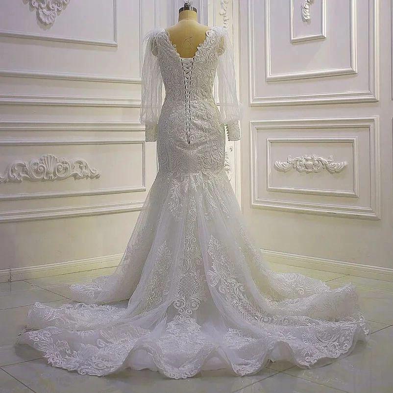 Beautiful Mermaid Long Sleeves Lace Appliques Wedding Dress With Train - Image 3