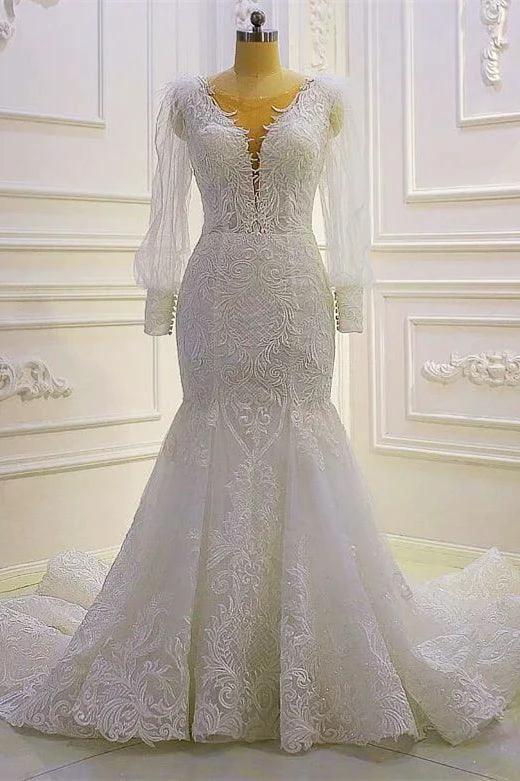 Beautiful Mermaid Long Sleeves Lace Appliques Wedding Dress With Train - Image 4