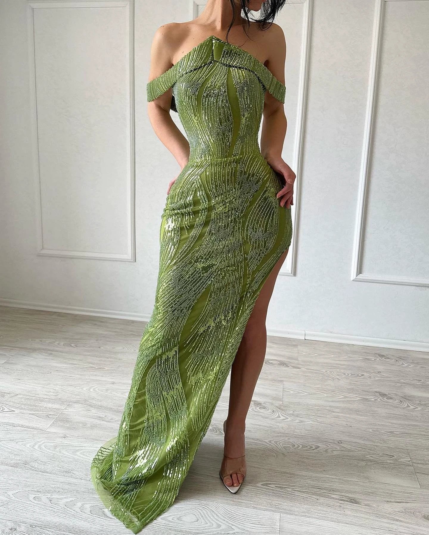 Beautiful Mermaid Sleeveless Satin Sequined Split Limegreen Prom Dress - Image 3