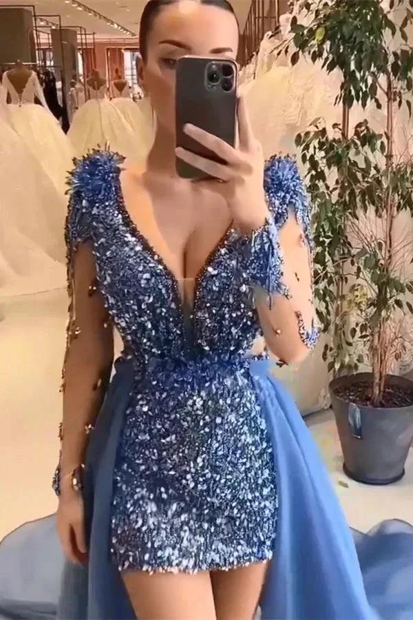 Beautiful Mini V-Neck Long Sleeveless Sheath Sequined Prom Dress with Court Train - Image 2
