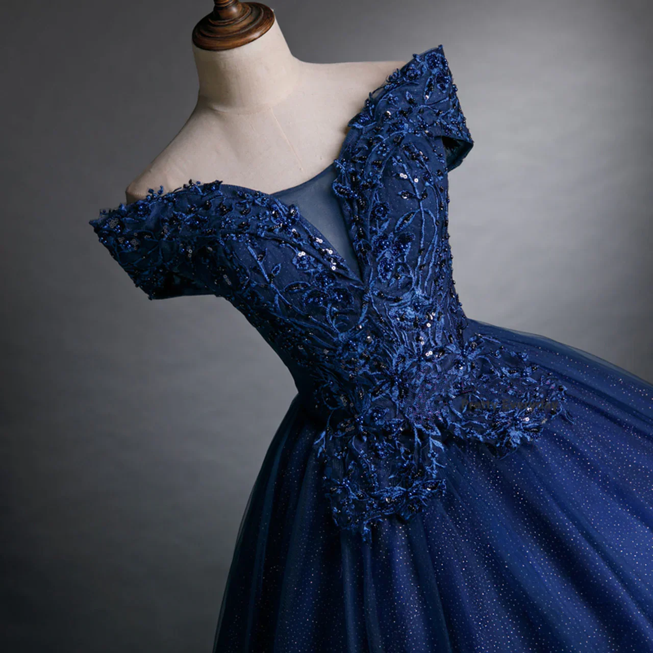 Beautiful Navy Blue Appliques Beaded Ball Gown Off The Shoulder Evening Dress  Y7677 - Image 2
