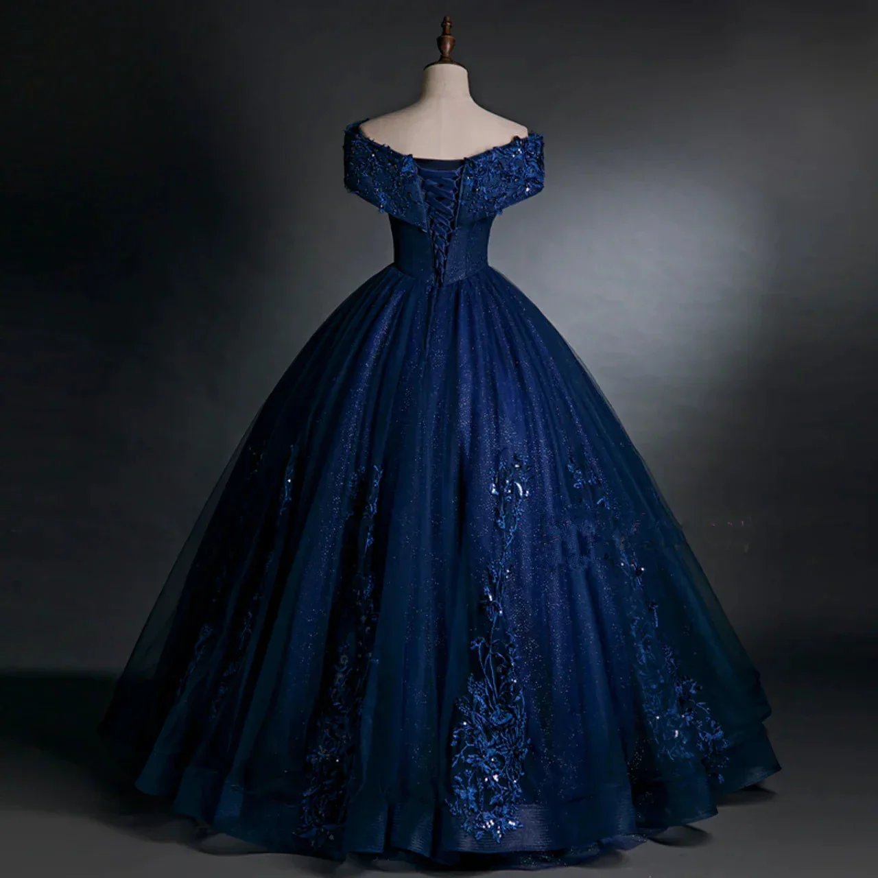 Beautiful Navy Blue Appliques Beaded Ball Gown Off The Shoulder Evening Dress  Y7677 - Image 3