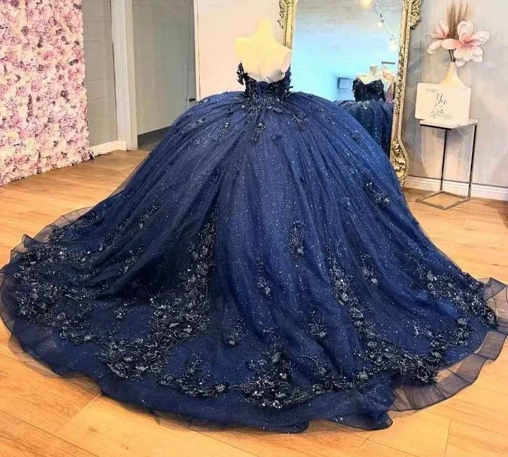 Beautiful Navy Blue Tulle Appliques Prom Dress Shiny Birthday Ball Gown Y7837 - Image 2