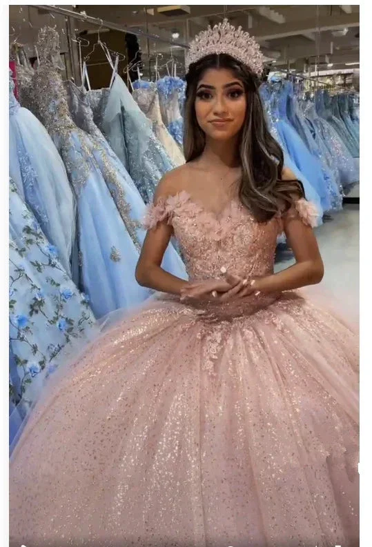 Beautiful Off The Shoulder Blush Pink Quinceanera Dress Glitter Blush Pink Ball Gown Y391 - Image 2