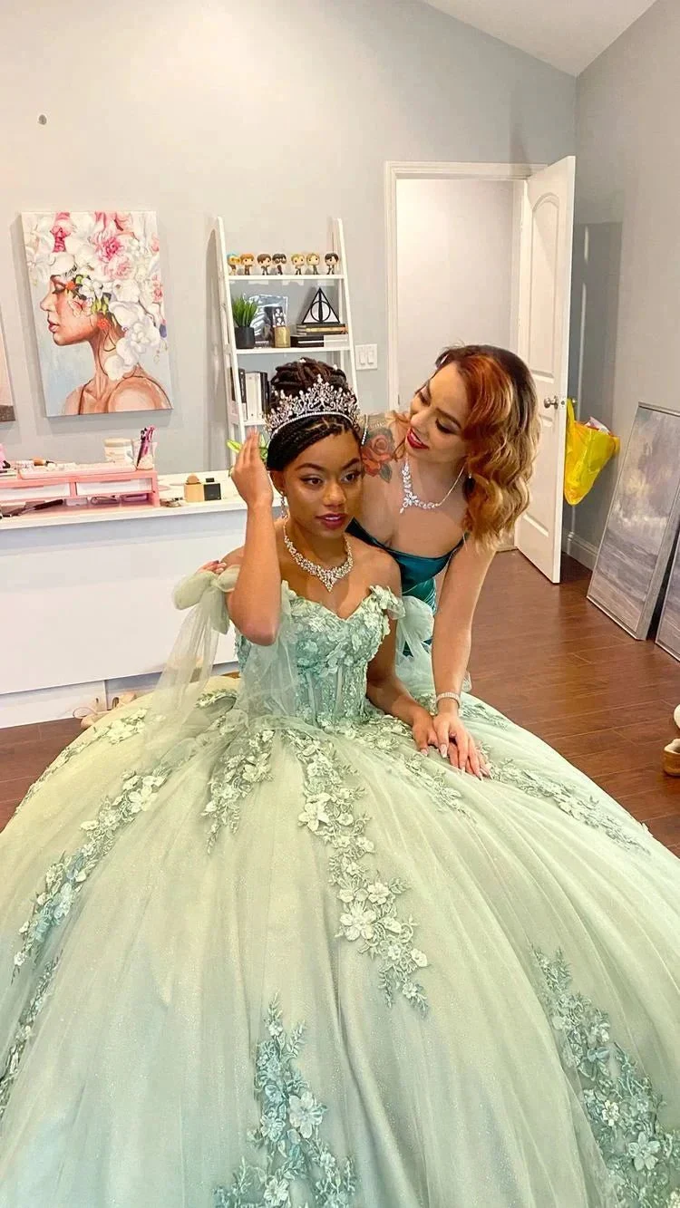 Beautiful Off the Shoulder Sexy Corset Sage Green Quince Dress Ball Gown Y1924 - Image 2