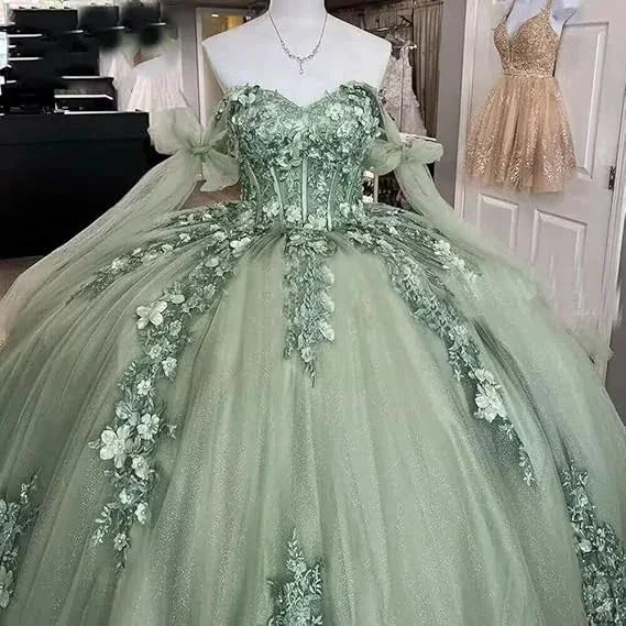 Beautiful Off the Shoulder Sexy Corset Sage Green Quince Dress Ball Gown Y1924 - Image 3