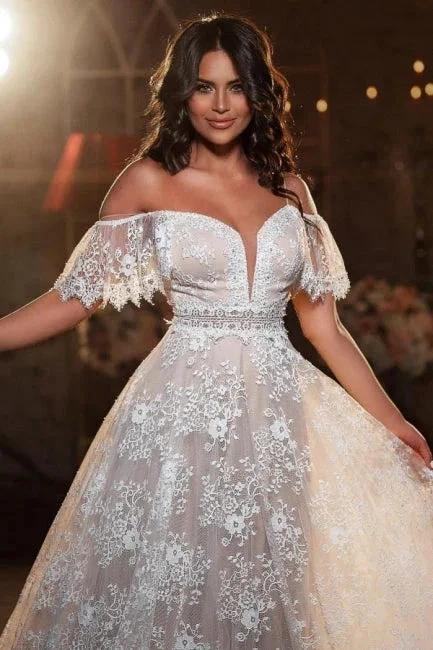 Beautiful Off-the-shoulder Short Sleeve A-Line Floor-Length Lace Wedding Dresses - Image 2