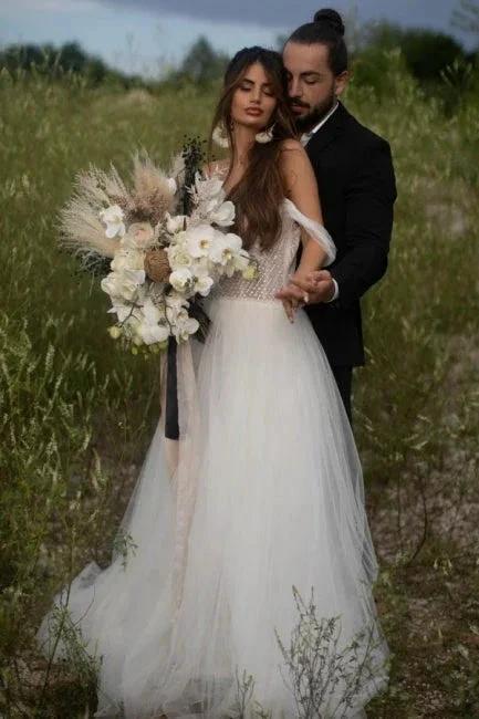 Beautiful Off-the-shoulder Sleeveless Column Floor-Length Tulle Wedding Dresses - Image 3