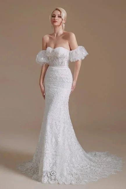 Beautiful Off-the-shoulder Sleeveless Mermaid Floor-Length Lace Wedding Dresses with Applique - Image 2