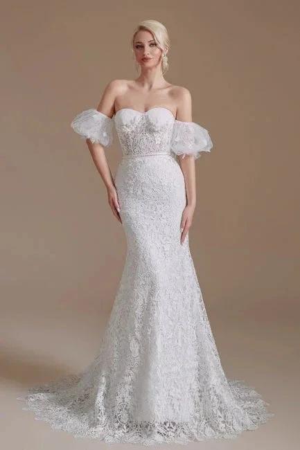 Beautiful Off-the-shoulder Sleeveless Mermaid Floor-Length Lace Wedding Dresses with Applique - Image 8