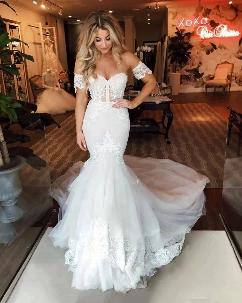 Off-the-Shoulder Puffy Tulle Wedding Dress Mermaid Appliques Sweep Train Bridal Wears - Image 2