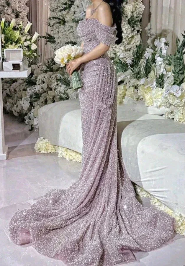 Beautiful Off The Shoulder Wedding Dress Sequin Mermaid Prom Evening Dress Y7630 - Image 2