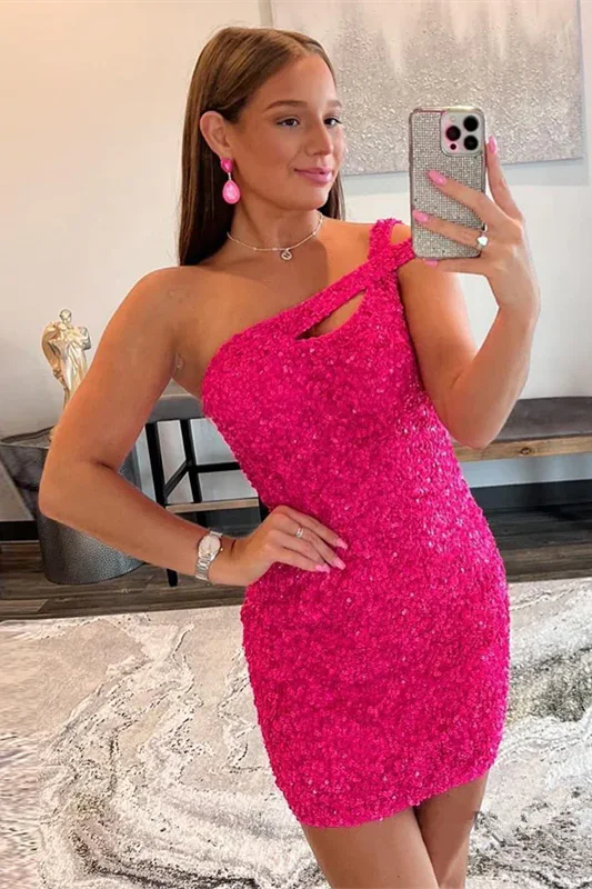 Beautiful One Shoulder Sequined Sleeveless Short Homecoming Dresses - Image 3