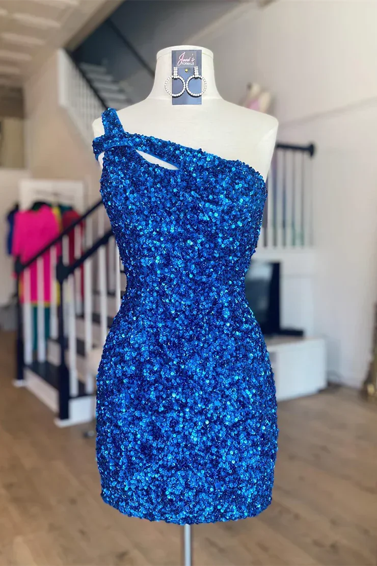 Beautiful One Shoulder Sequined Sleeveless Short Homecoming Dresses - Image 4