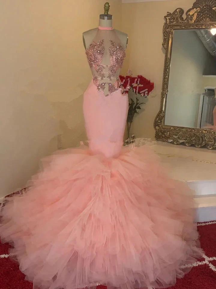Beautiful Pink Lace High Neck Sleeveless Floor-length Mermaid Prom Dresses - Image 2
