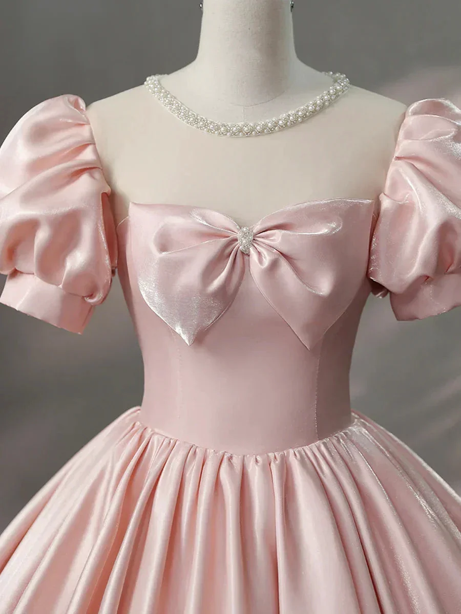 Beautiful Pink Scoop Neck Satin Floor Length Prom Dress A-Line Short Sleeve Evening Dress with Bow Y6082 - Image 3