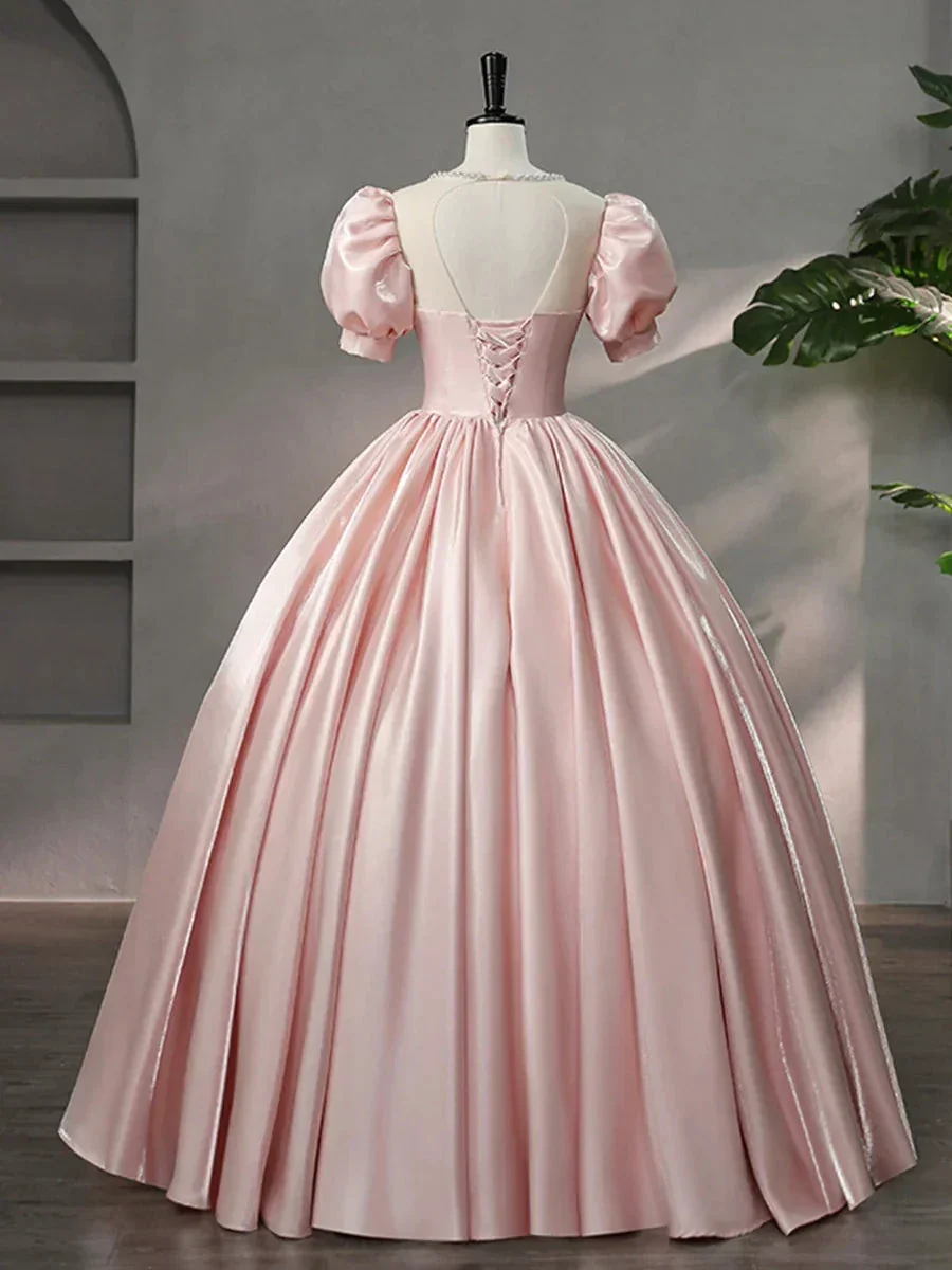 Beautiful Pink Scoop Neck Satin Floor Length Prom Dress A-Line Short Sleeve Evening Dress with Bow Y6082 - Image 4