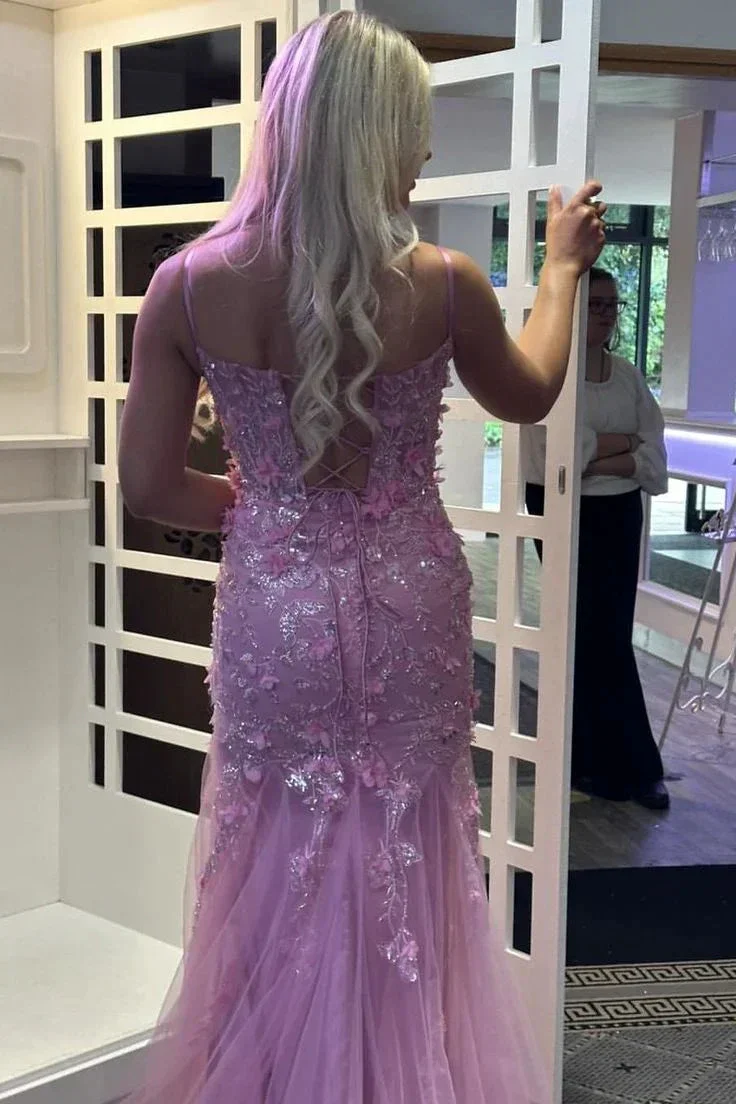 Beautiful Pink Spaghetti Straps Tulle Lace Appliques Mermaid Evening Dress Long Prom Dress Y7851 - Image 2