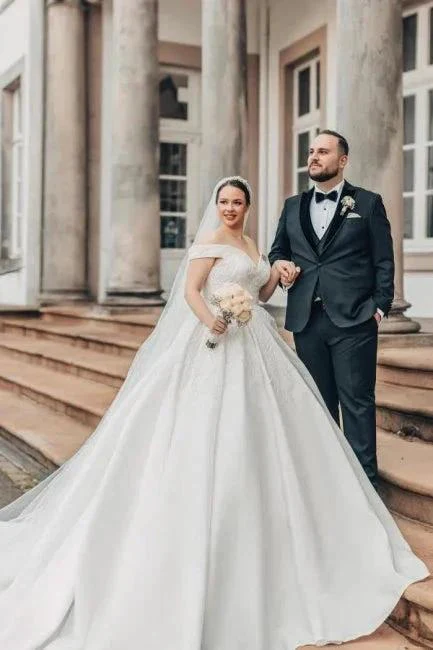 Beautiful Princess Long A-line Off-the-shoulder Lace Satin Wedding Dresses - Image 3